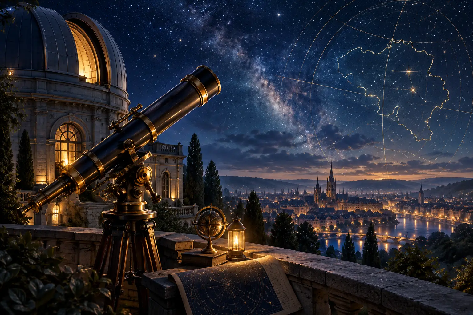 Illustration thématique de l’astronomie belge : observatoire, télescope et ciel étoilé.